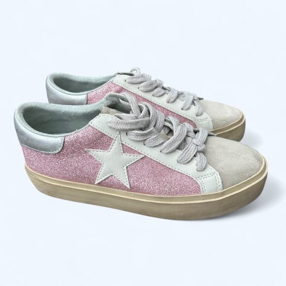 Shu Shop REBA White & Pink Sparkle Tennis Shoes Fashion Sneaker size 6.5 Glitter - Picture 2 of 13